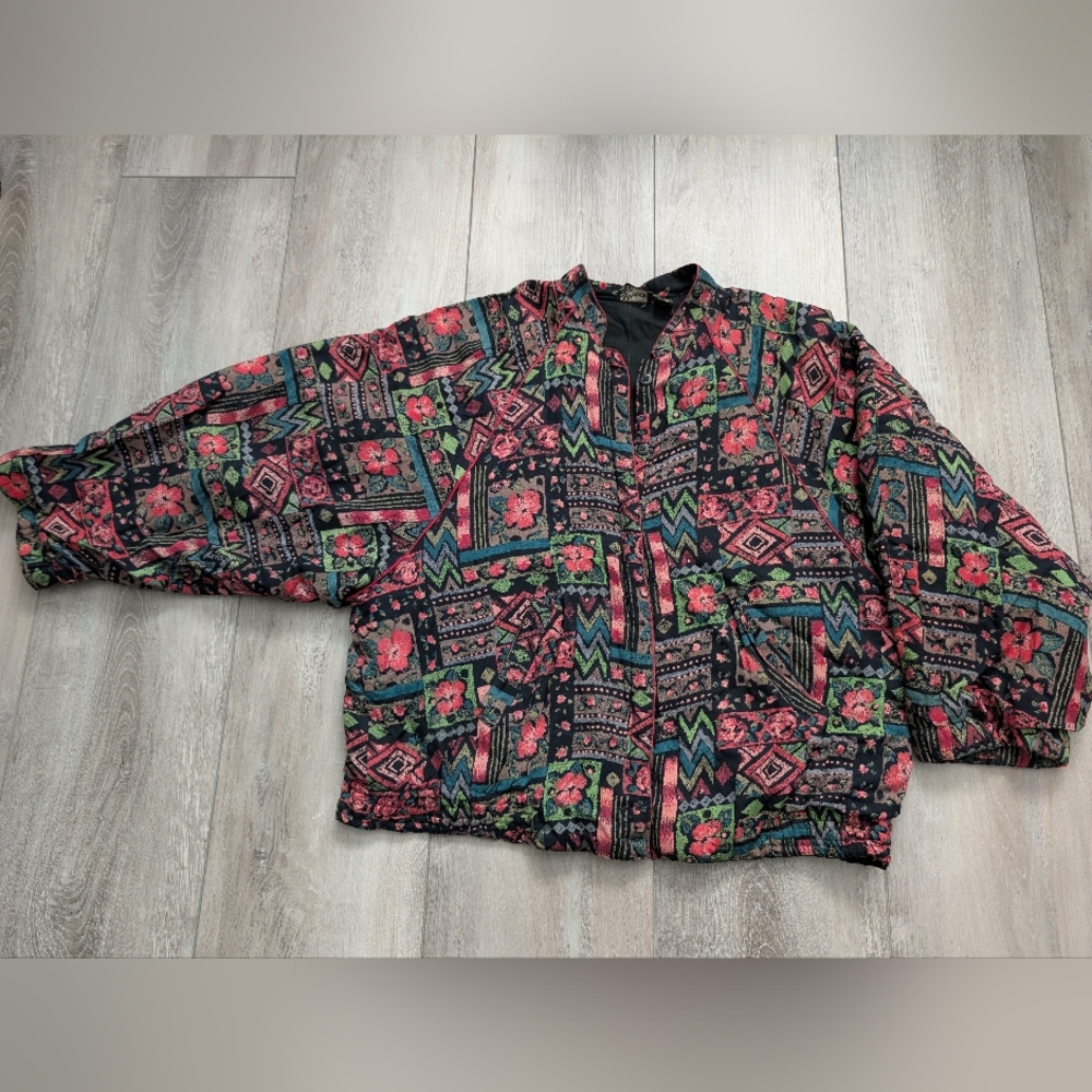Phool Quilted Bomber Jacket Large Floral W/ Hidden Buttons And Batwings